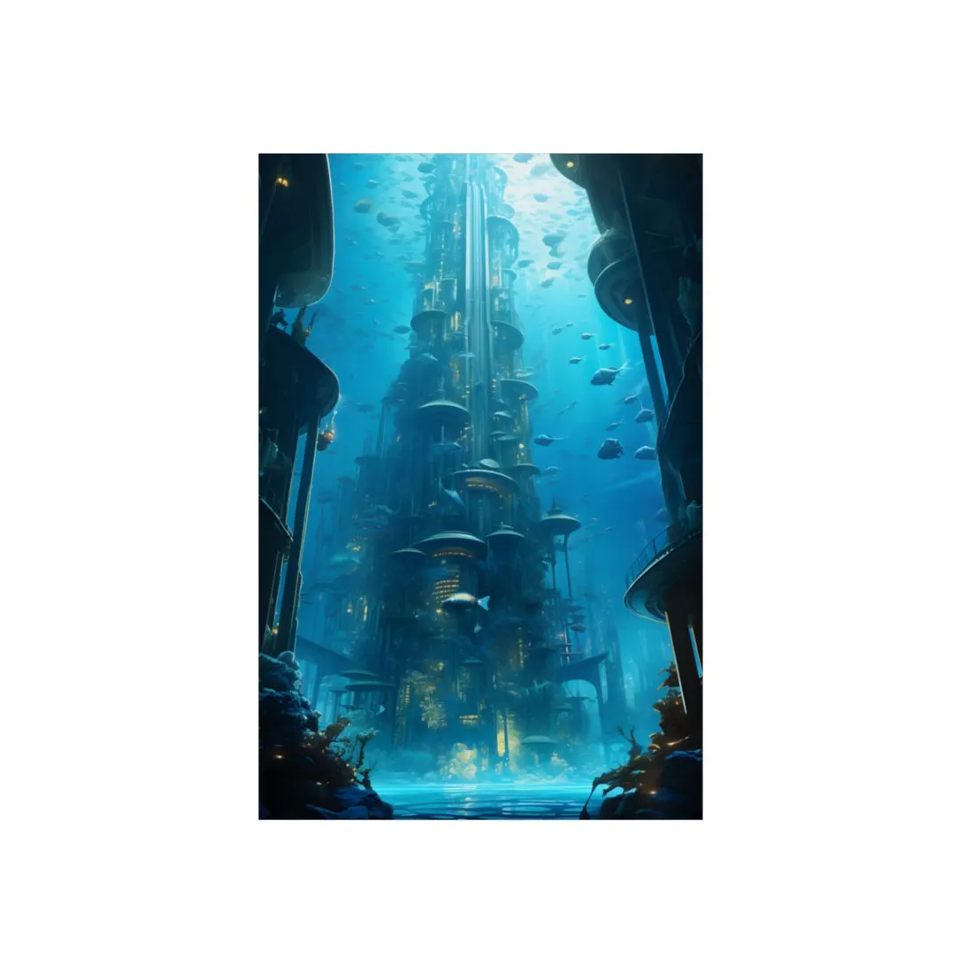 Future Metropolis: Underwater Cityscape Digital Art - Metal Poster