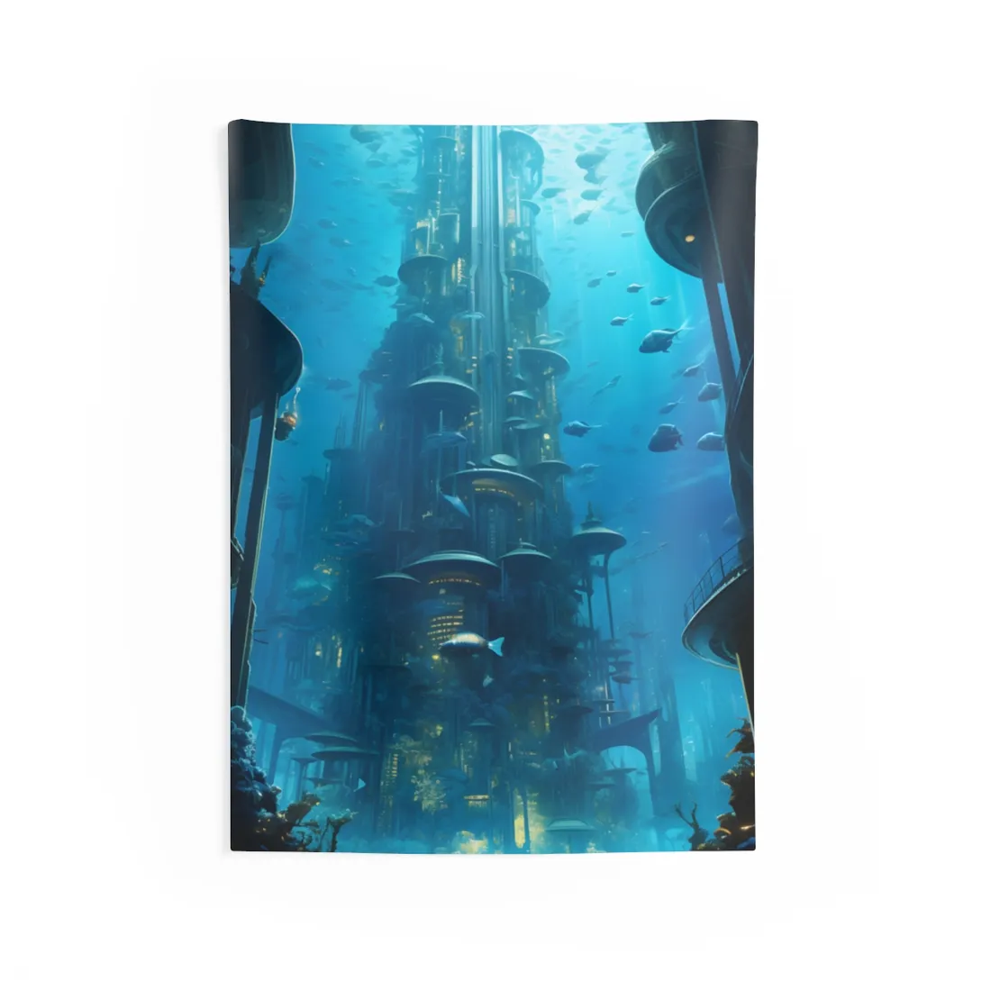 Future Metropolis: Underwater Cityscape Digital Art - Wall Tapestry