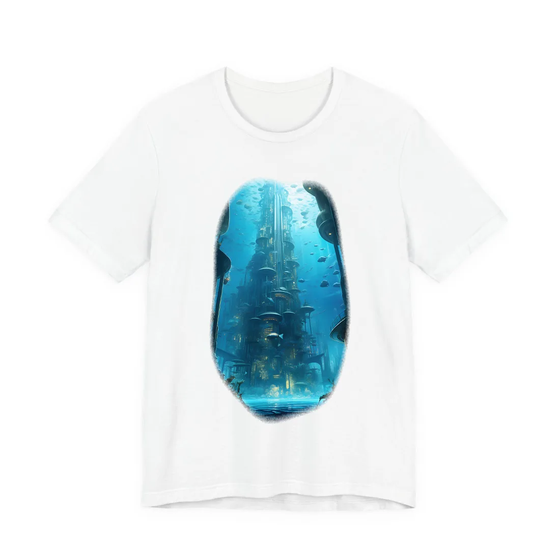 Future Metropolis: Underwater Cityscape Digital Art - T-Shirt (White)