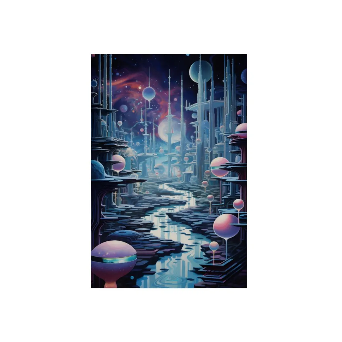 Futuristic Alien Plaza: Reflective Landscape with Floating Orbs - Metal Poster