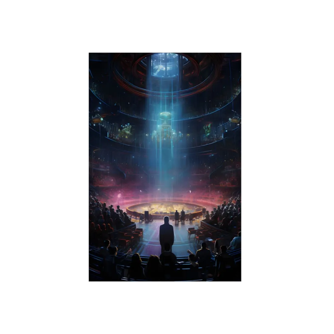 Futuristic Assembly Hall: Robots Gathered in Light Beam - Metal Poster