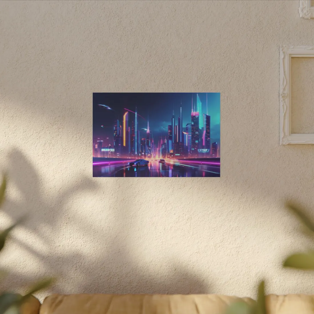 Futuristic City Glow: Neon Lights Digital Art - Canvas