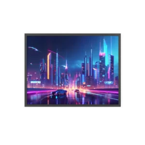 Neon Skyscrapers and Flying Cars Framed Poster