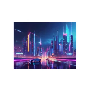 Neon Skyscrapers and Flying Cars Metal Poster