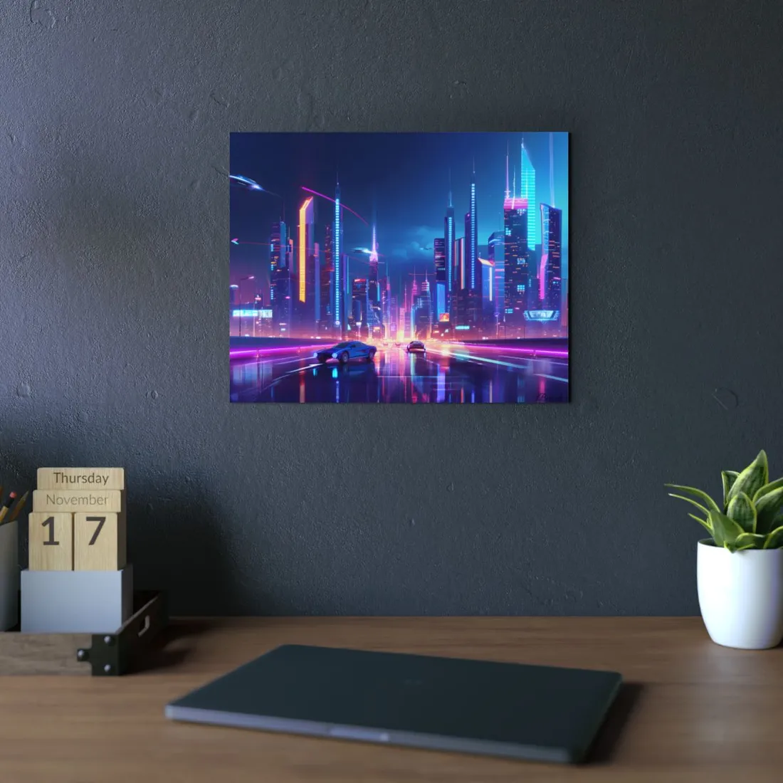 Futuristic City Glow: Neon Lights Digital Art - Metal Poster