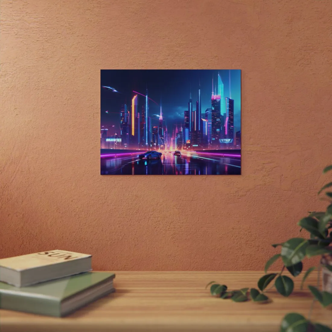 Futuristic City Glow: Neon Lights Digital Art - Metal Poster