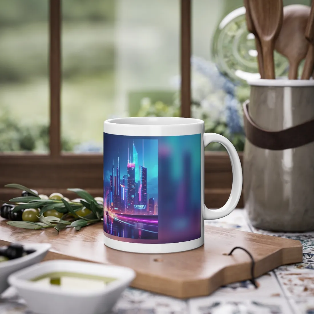 Futuristic City Glow: Neon Lights Digital Art - Mug