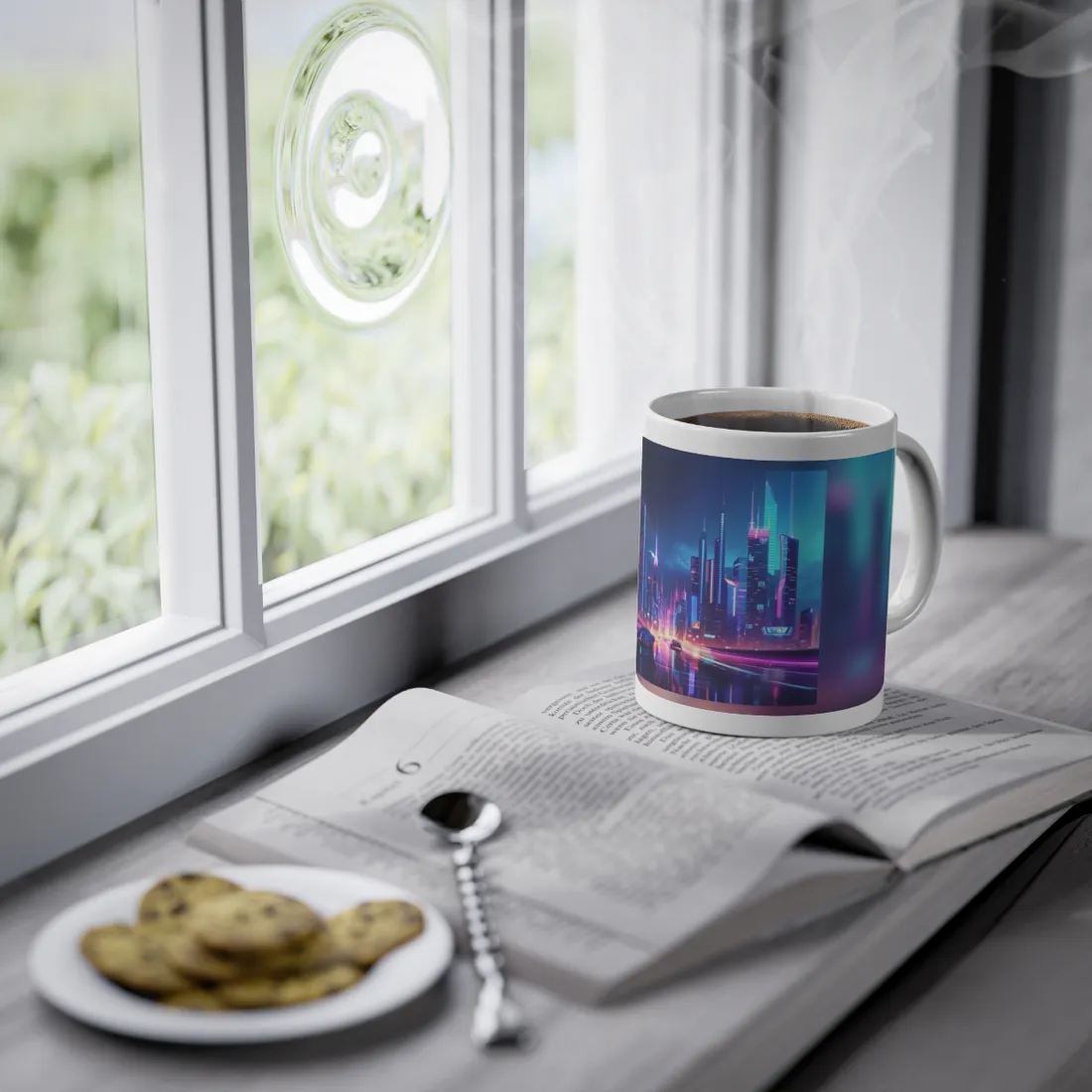 Futuristic City Glow: Neon Lights Digital Art - Mug