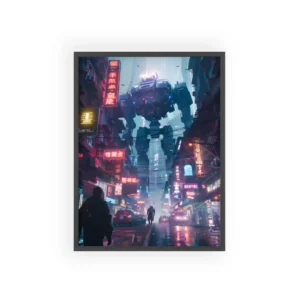 Mech over Neon Street Framed Poster