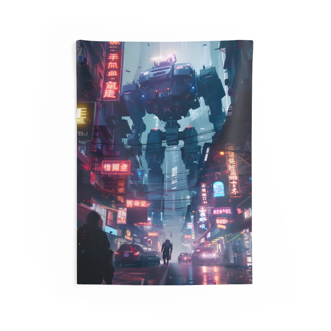 Giant armored mech towering over a rainy neon-lit city street with small figures walking below – Wall Tapestry, view 1