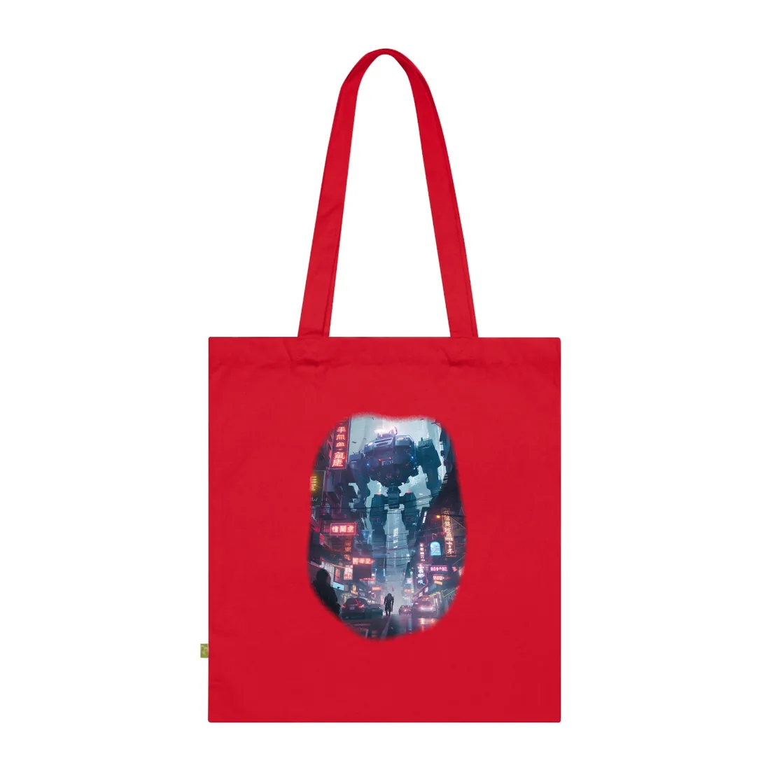 Giant armored mech towering over a rainy neon-lit city street with small figures walking below – Tote Bag, classic red