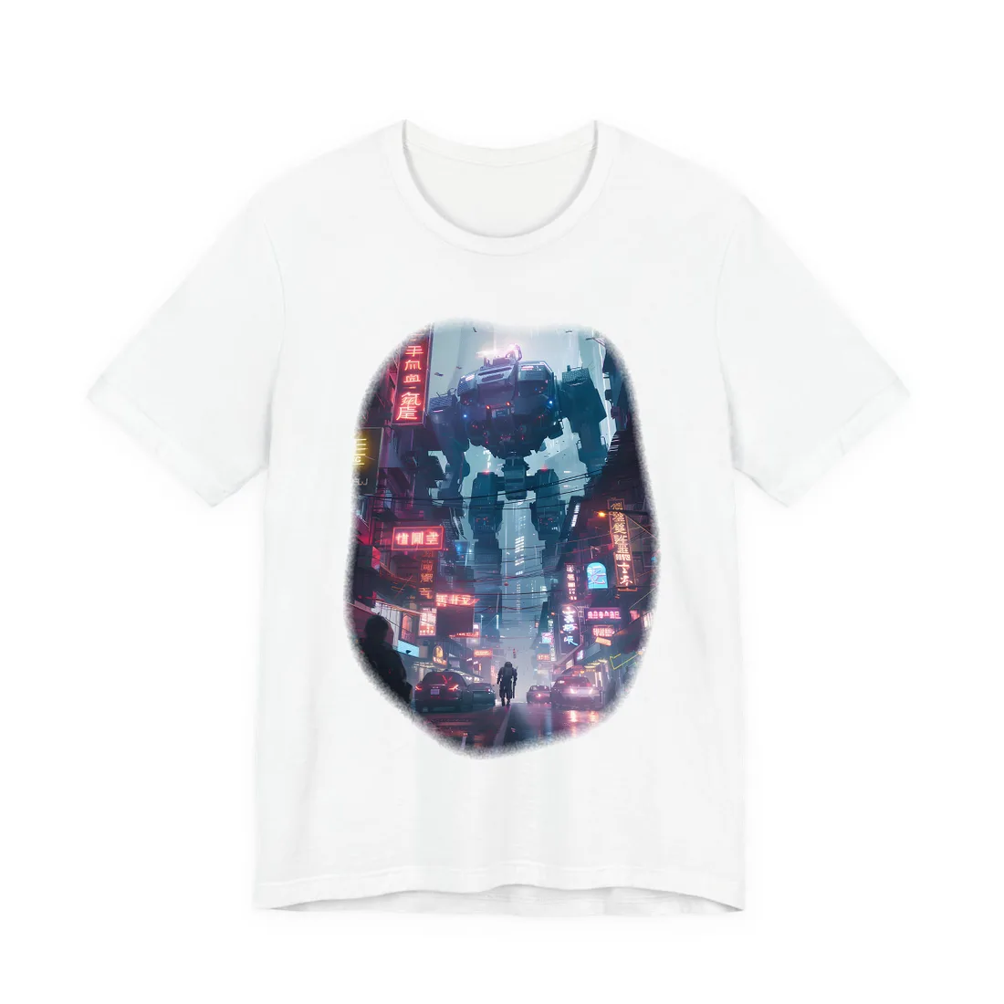 Giant armored mech towering over a rainy neon-lit city street with small figures walking below – T-Shirt, white