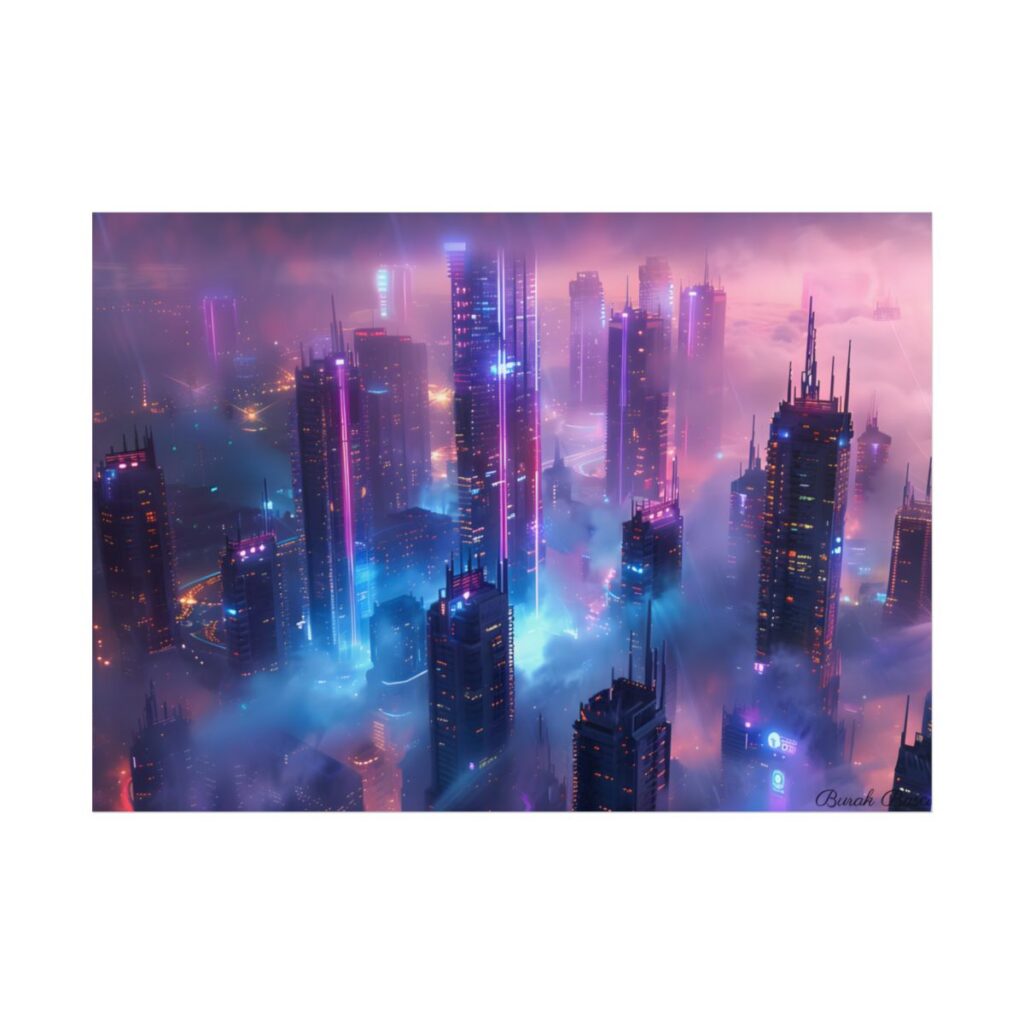 Futuristic City Night: Neon Lights Digital Artwork - Poster