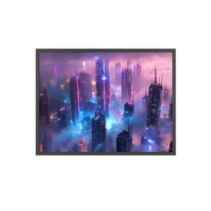 Futuristic City Skyline in Fog Framed Poster