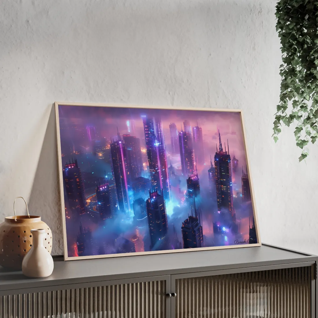 Futuristic City Night: Neon Lights - Framed Poster