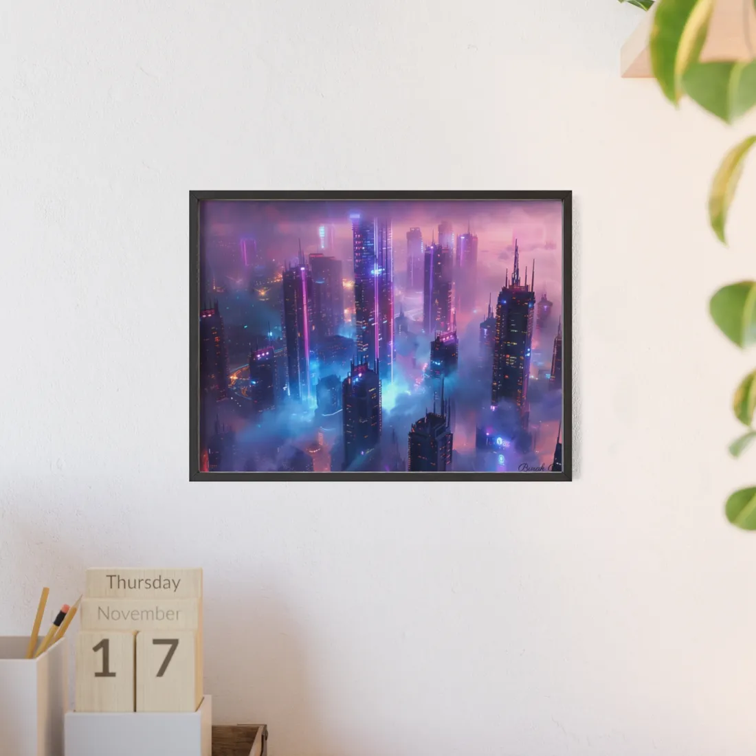 Futuristic City Night: Neon Lights - Framed Poster