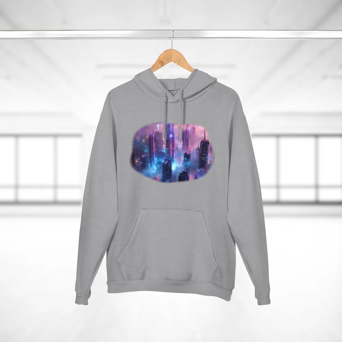 Futuristic City Night: Neon Lights - Hoodie (Heather Grey)