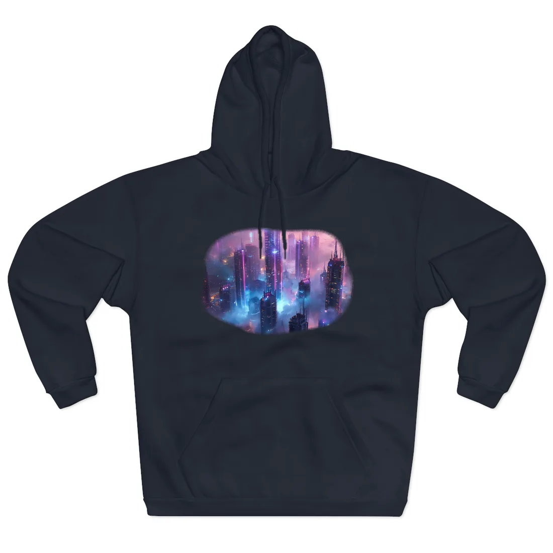 Futuristic City Night: Neon Lights - Hoodie (Navy)