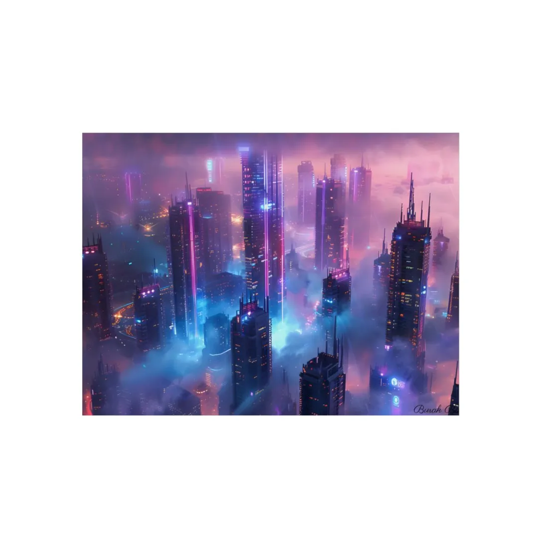 Futuristic City Night: Neon Lights - Metal Poster