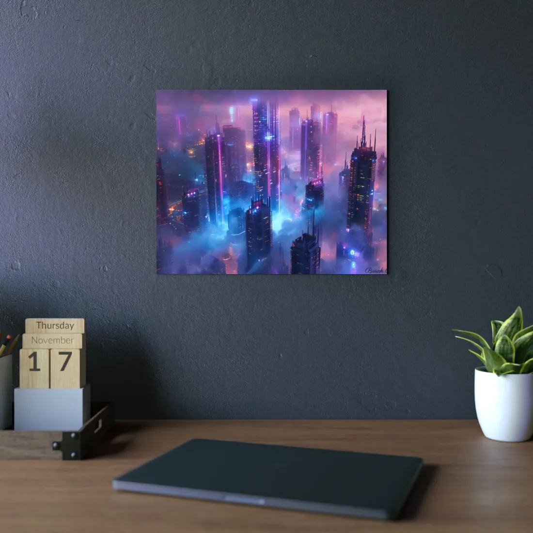 Futuristic City Night: Neon Lights - Metal Poster