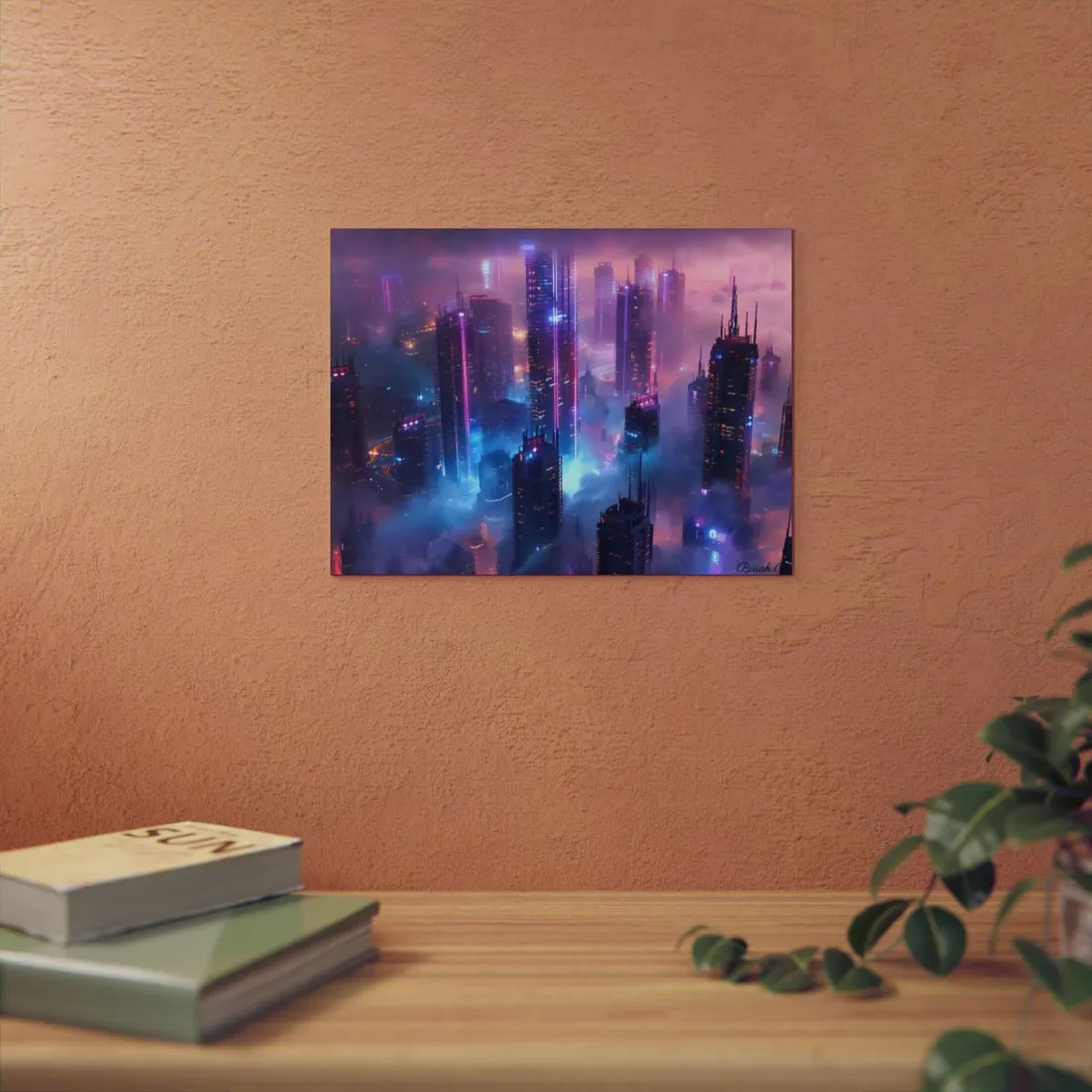 Futuristic City Night: Neon Lights - Metal Poster