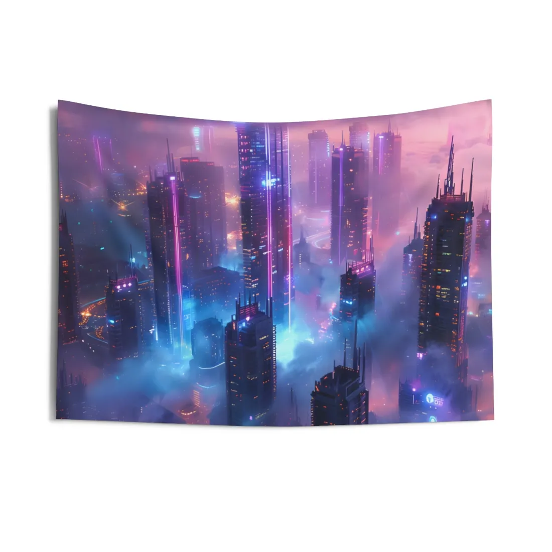 Futuristic skyscrapers glowing with violet and cyan neon rise through pink and blue mist at dusk – Wall Tapestry, view 1