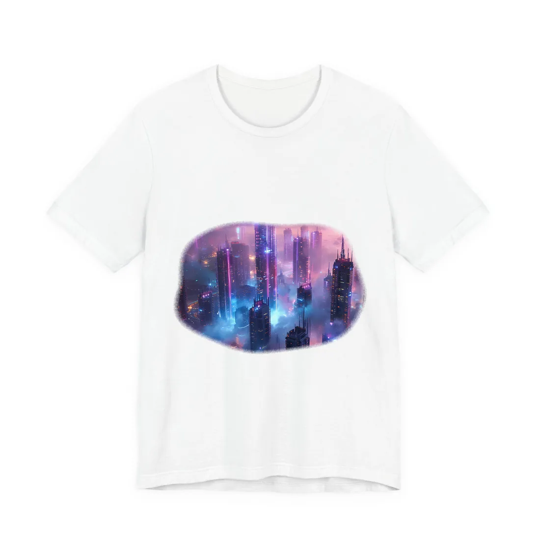 Futuristic skyscrapers glowing with violet and cyan neon rise through pink and blue mist at dusk – T-Shirt, white