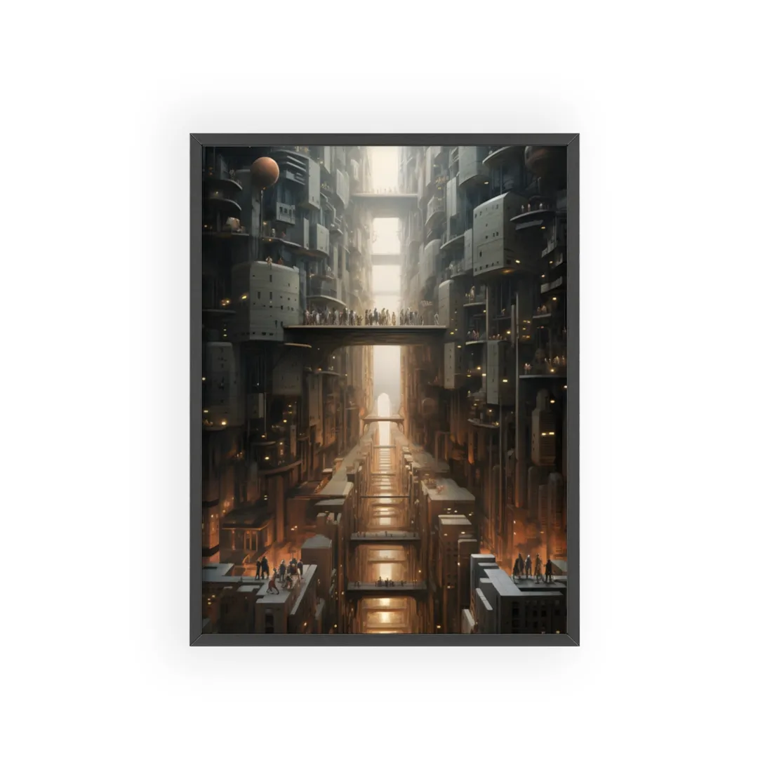 Futuristic City of Perfection: Modern Skyscrapers under Neon Lights - Framed Poster