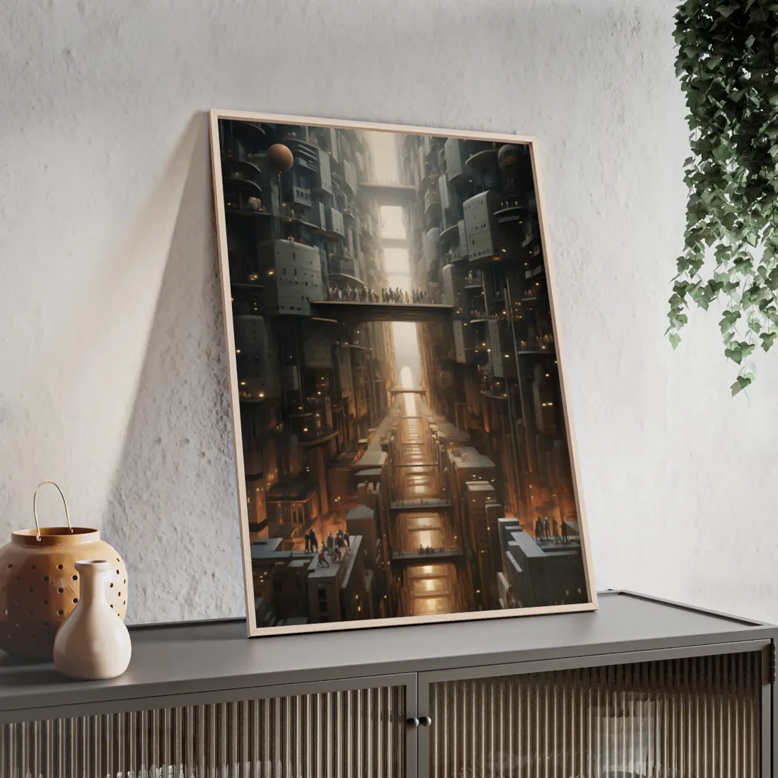 Futuristic City of Perfection: Modern Skyscrapers under Neon Lights - Framed Poster