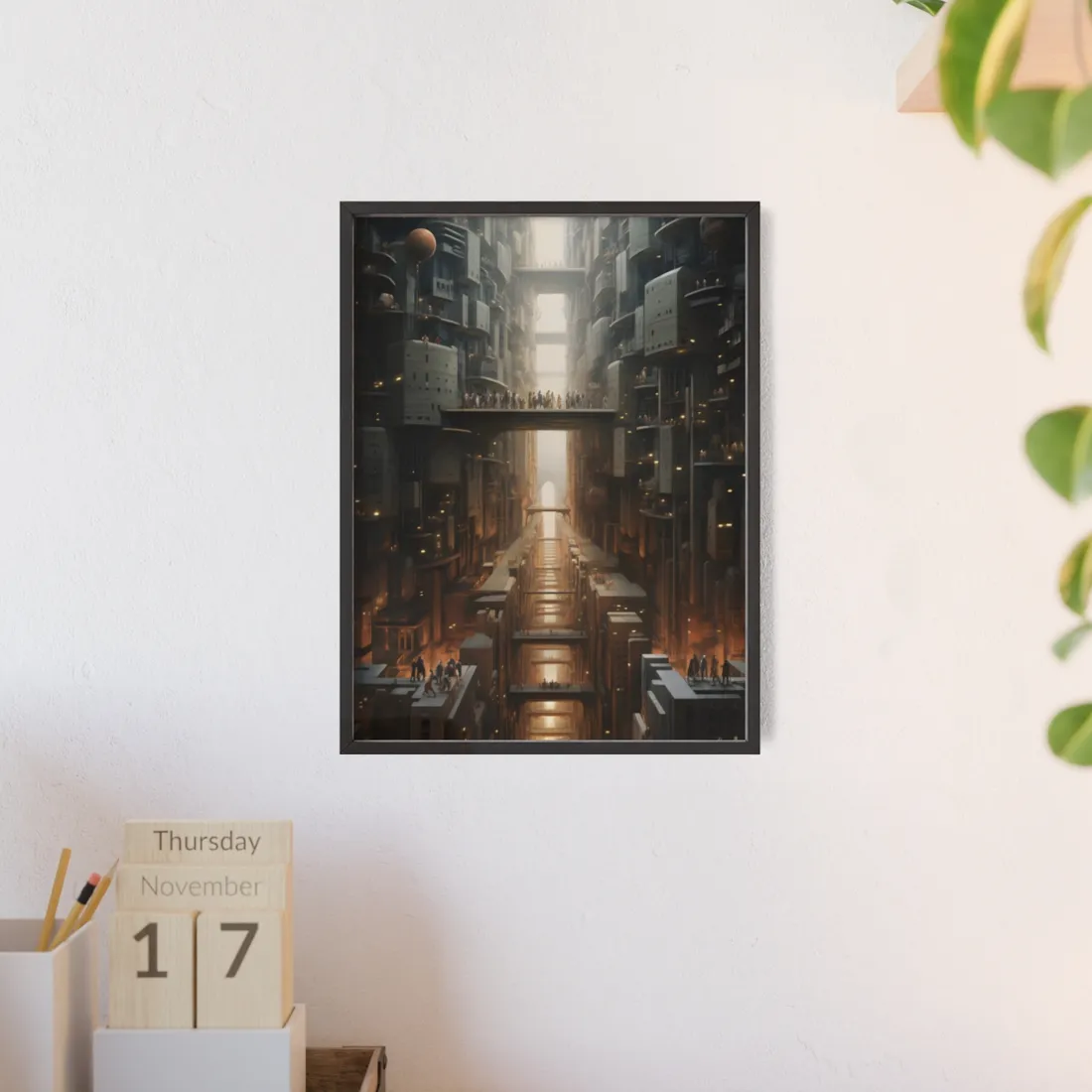Futuristic City of Perfection: Modern Skyscrapers under Neon Lights - Framed Poster