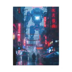 Robot over Neon Street Canvas Print