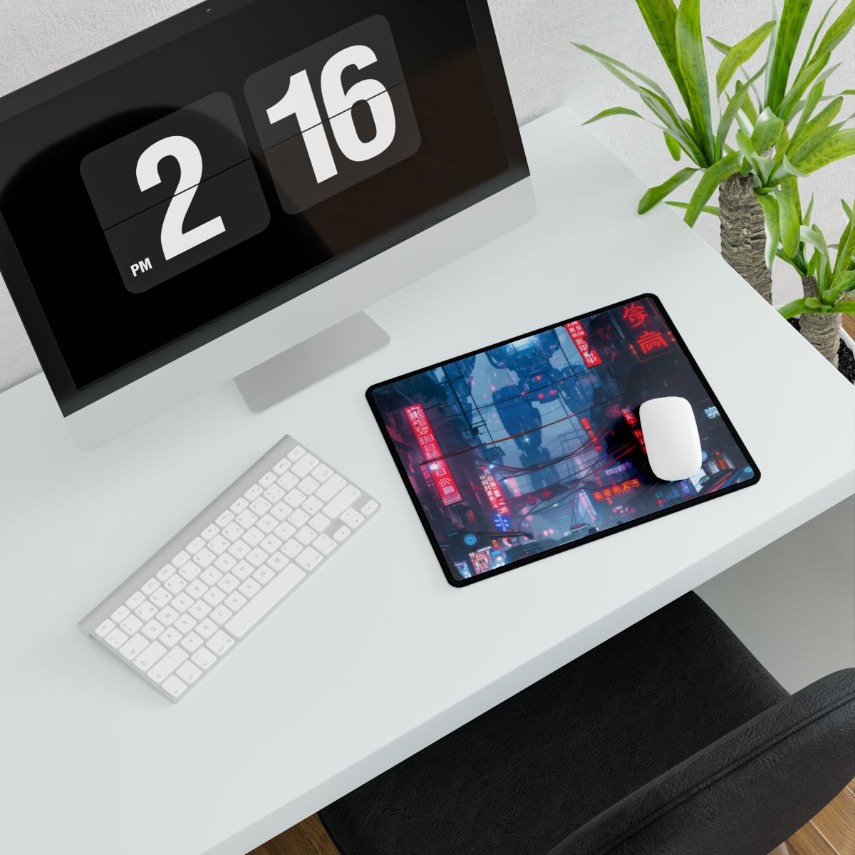 Futuristic City Pulse: Neon Lights Digital Artwork - Desk Mat