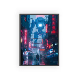 Robot over Neon Street Framed Poster