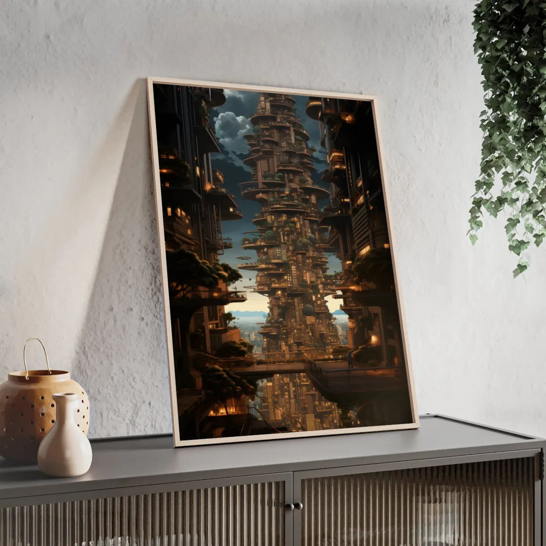 Futuristic Cityscape: A Dystopian Paradox - Framed Poster