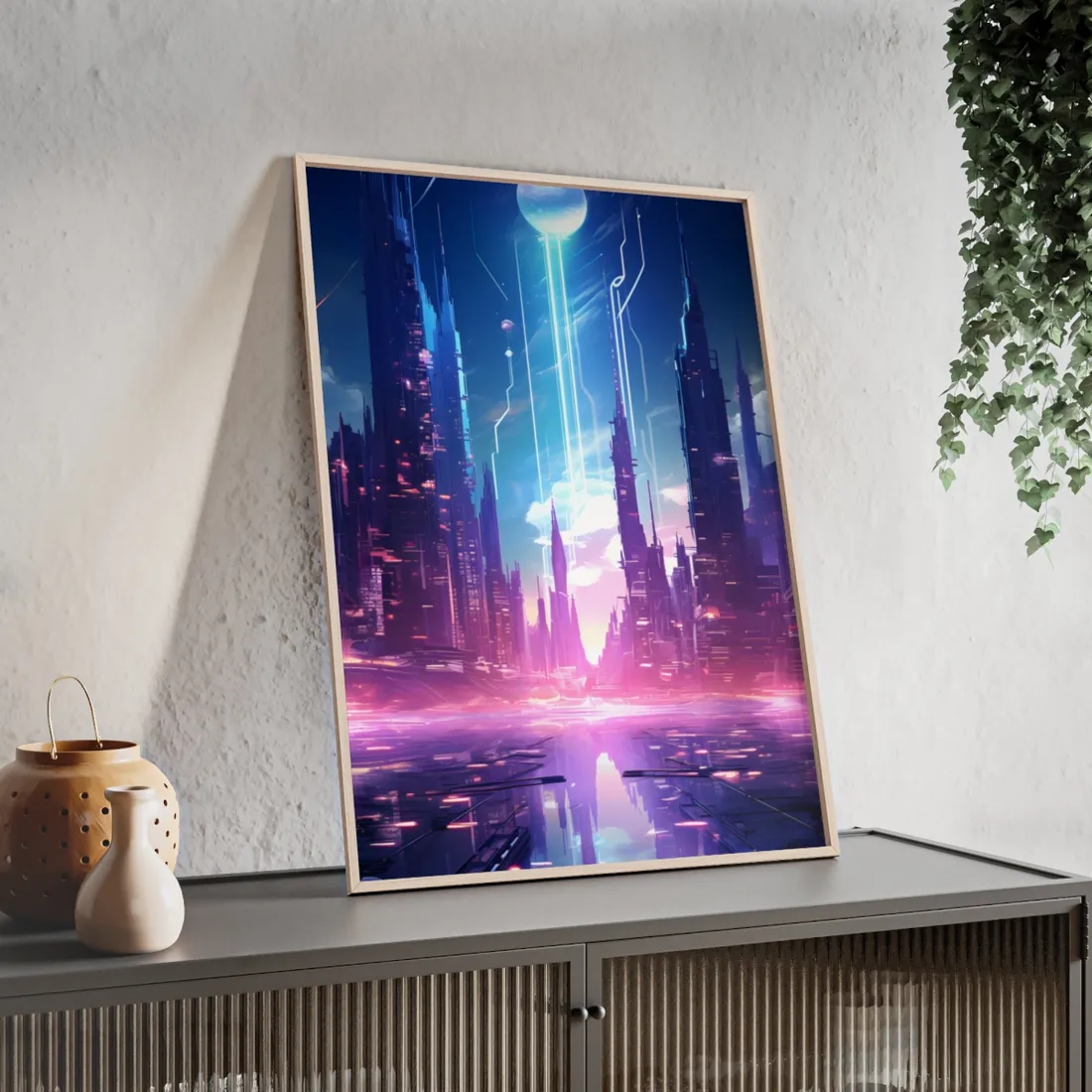 Futuristic Cityscape: Cyberpunk Dreams in a Dystopian World - Framed Poster