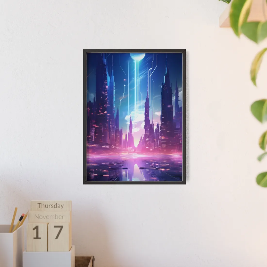 Futuristic Cityscape: Cyberpunk Dreams in a Dystopian World - Framed Poster