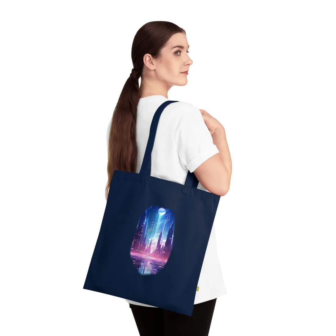 Futuristic Cityscape: Cyberpunk Dreams in a Dystopian World - Tote Bag (French Navy)