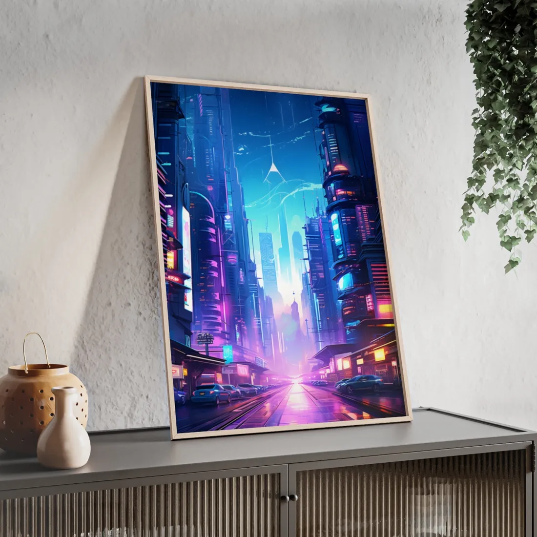 Futuristic Cityscape: Cyberpunk Dystopia - Framed Poster