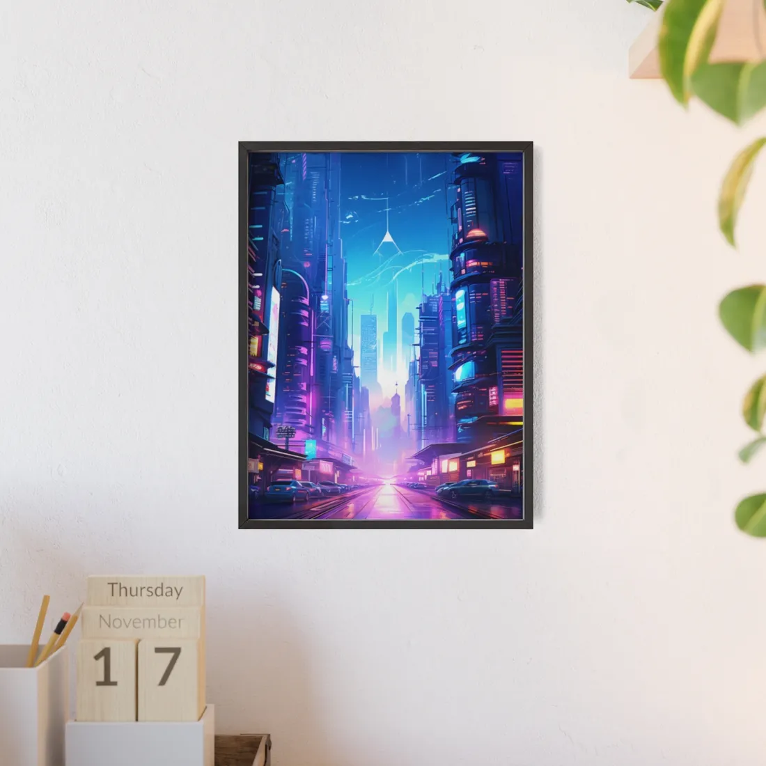 Futuristic Cityscape: Cyberpunk Dystopia - Framed Poster