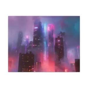 Neon City Skyline in Fog Canvas Print