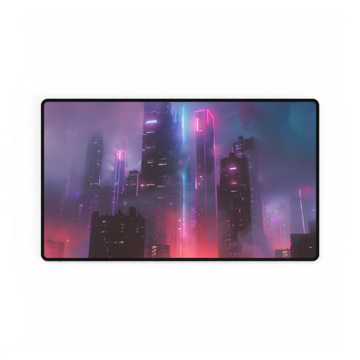 Futuristic Cityscape: Neon Dreams in the Urban Sky - Desk Mat