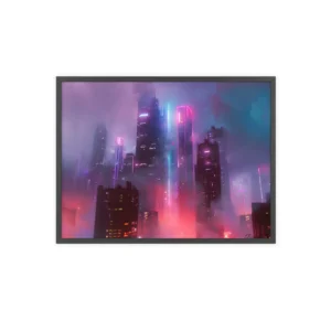 Neon City Skyline in Fog Framed Poster
