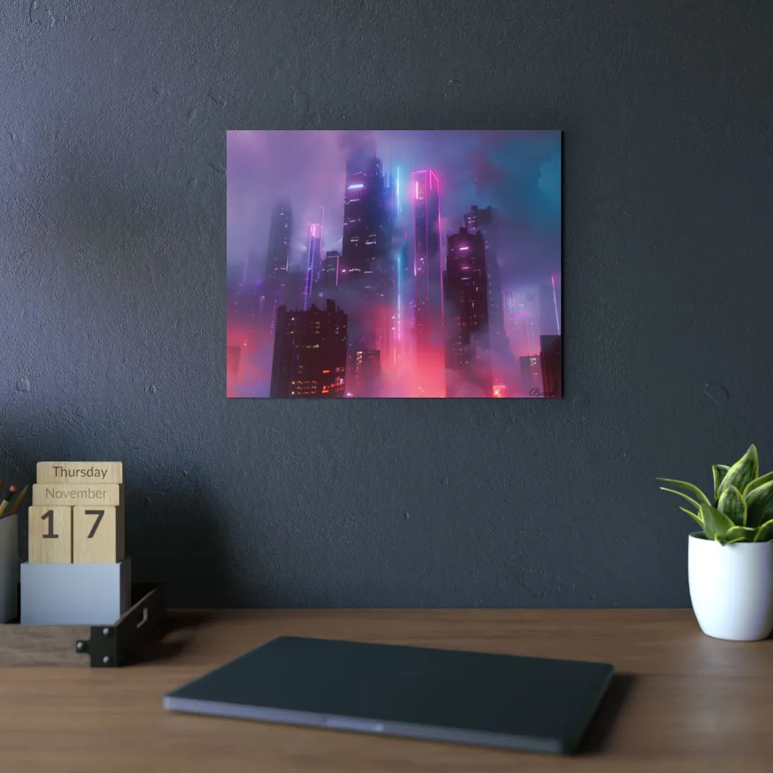 Futuristic Cityscape: Neon Dreams in the Urban Sky - Metal Poster