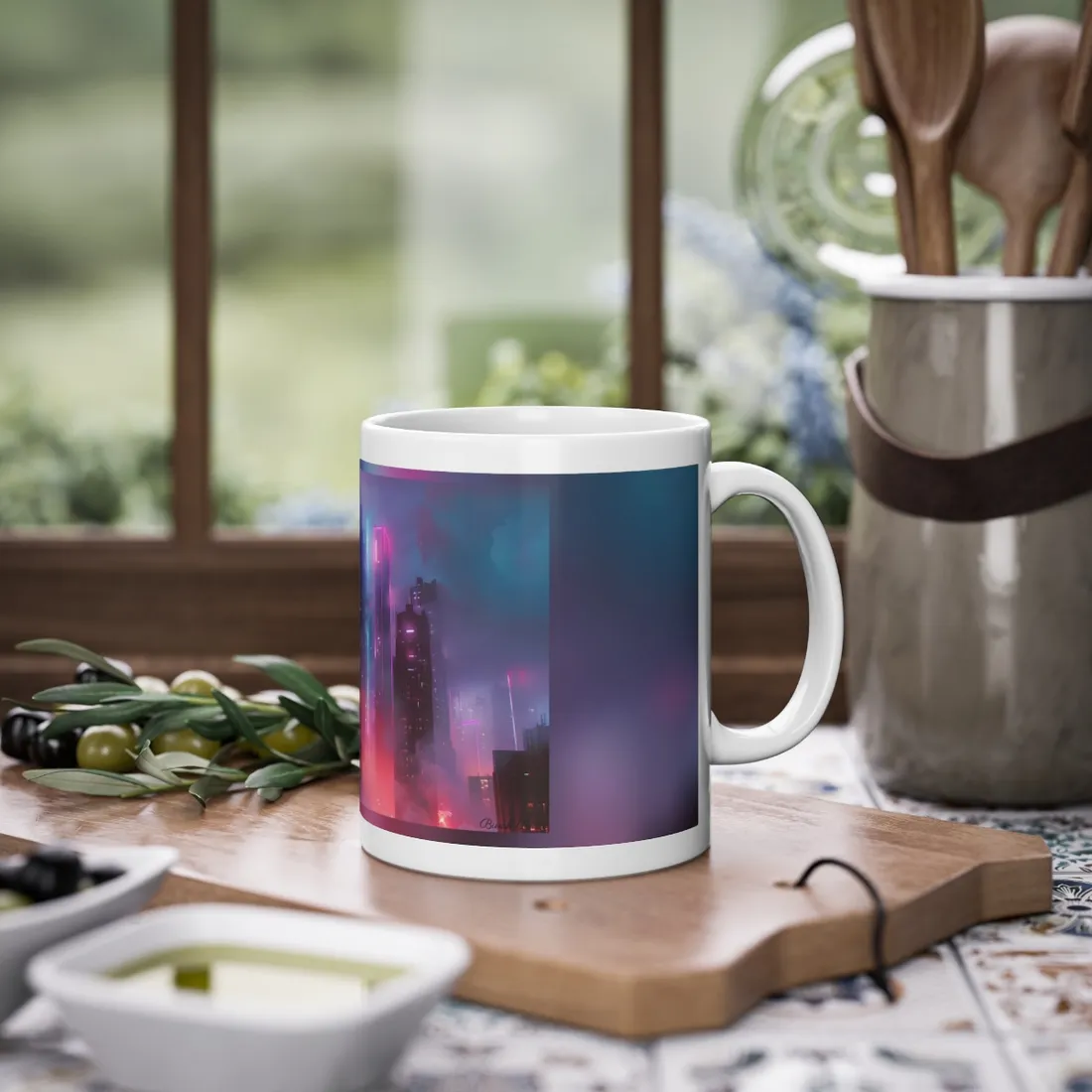 Futuristic Cityscape: Neon Dreams in the Urban Sky - Mug