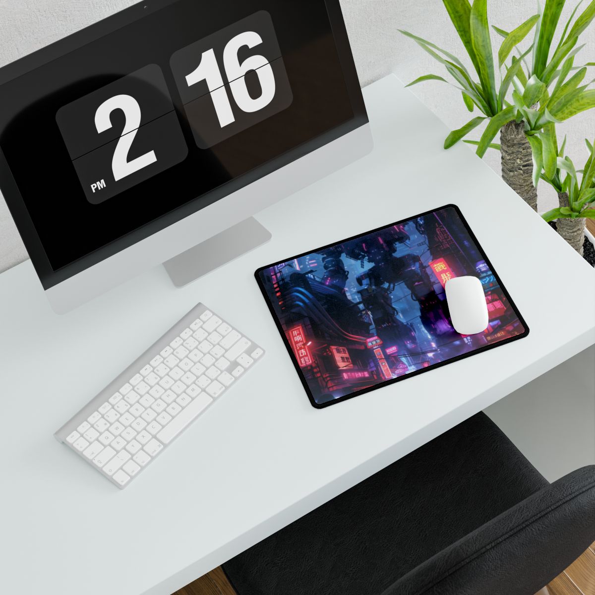 Futuristic Cityscape: Neon Lights Digital Artwork - Desk Mat