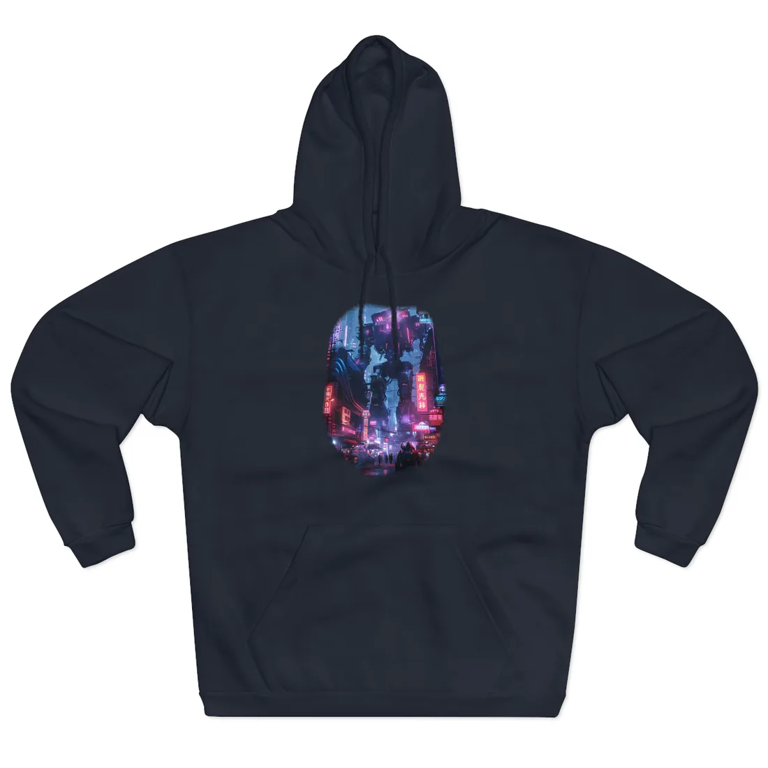 Futuristic Cityscape: Neon Lights - Hoodie (Navy)