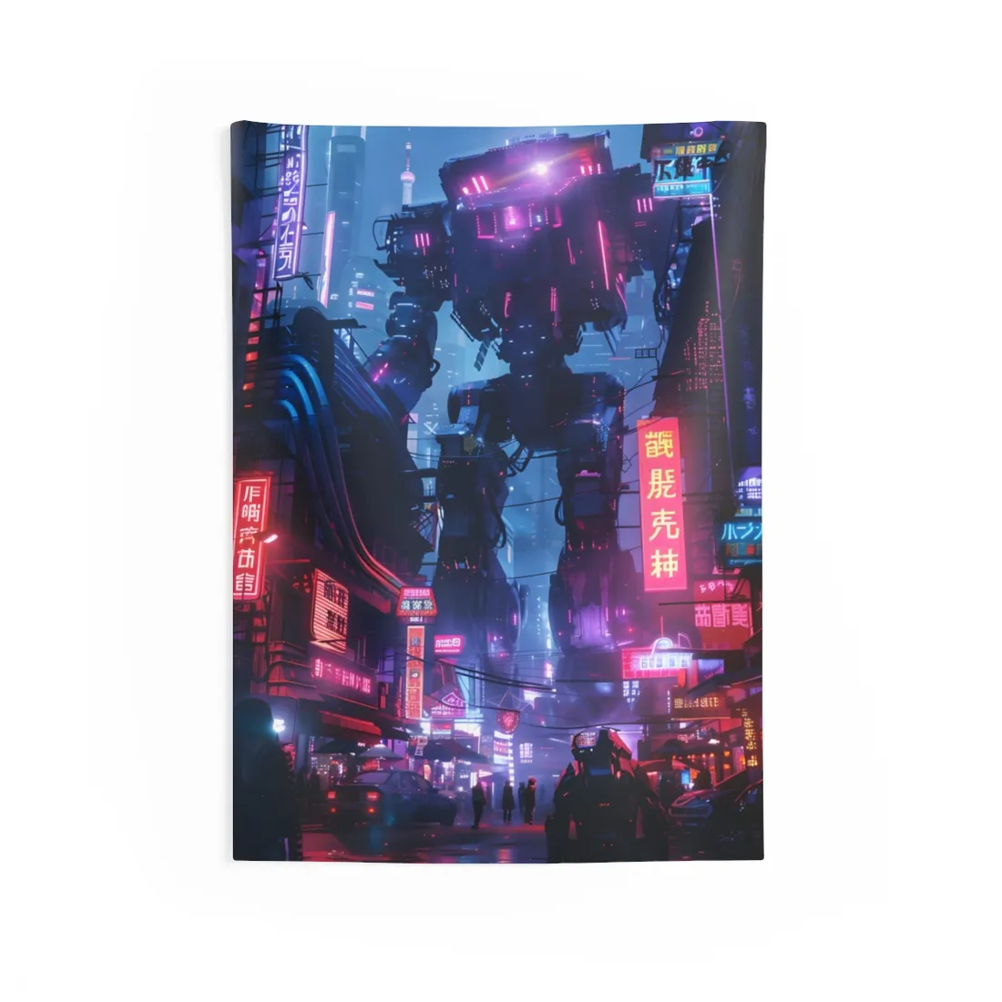 Neon-lit cyberpunk street at night with a towering mech robot above silhouetted pedestrians – Wall Tapestry, view 1