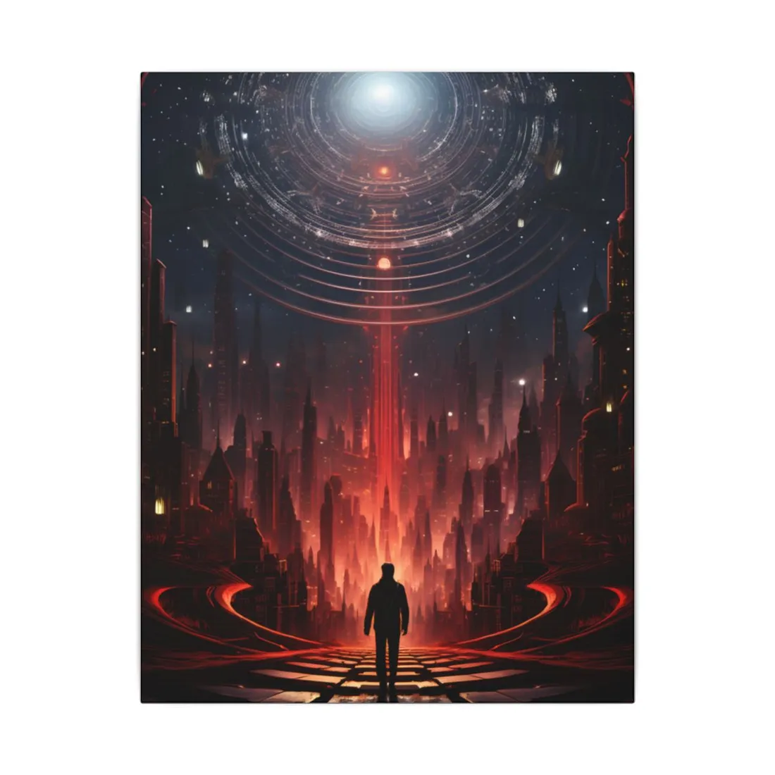 Futuristic Cityscape: Neon Sky Meets Nature's Harmony - Canvas