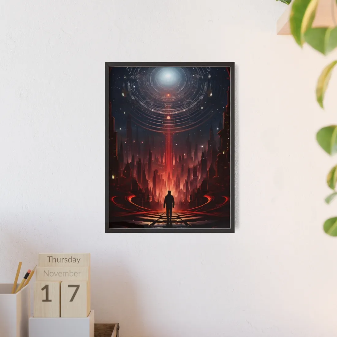 Futuristic Cityscape: Neon Sky Meets Nature's Harmony - Framed Poster