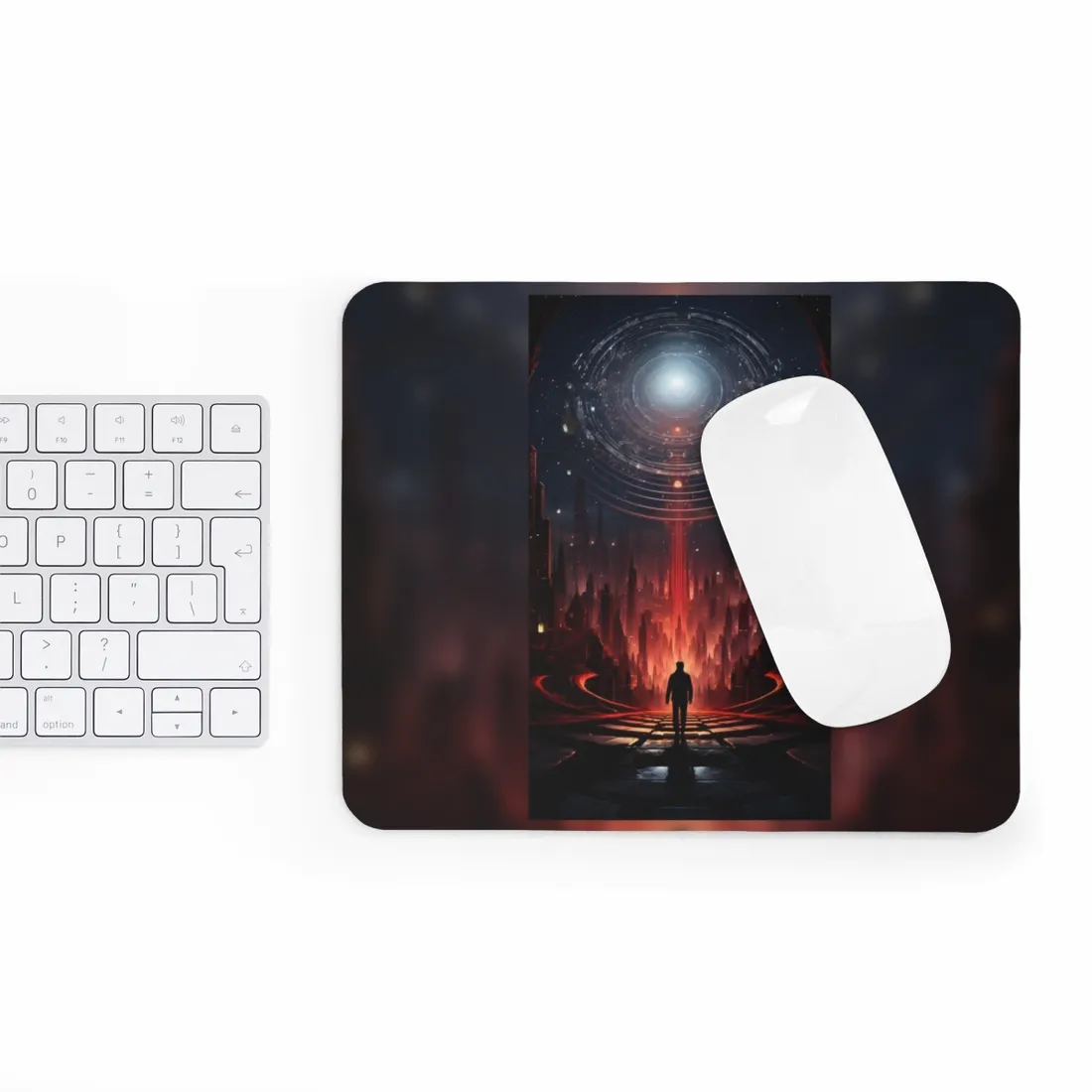 Futuristic Cityscape: Neon Sky Meets Nature's Harmony - Mouse Pad